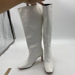 White Closed Square Toe Chunky Mid Heel Ankle High Booties Dress Office Shoes